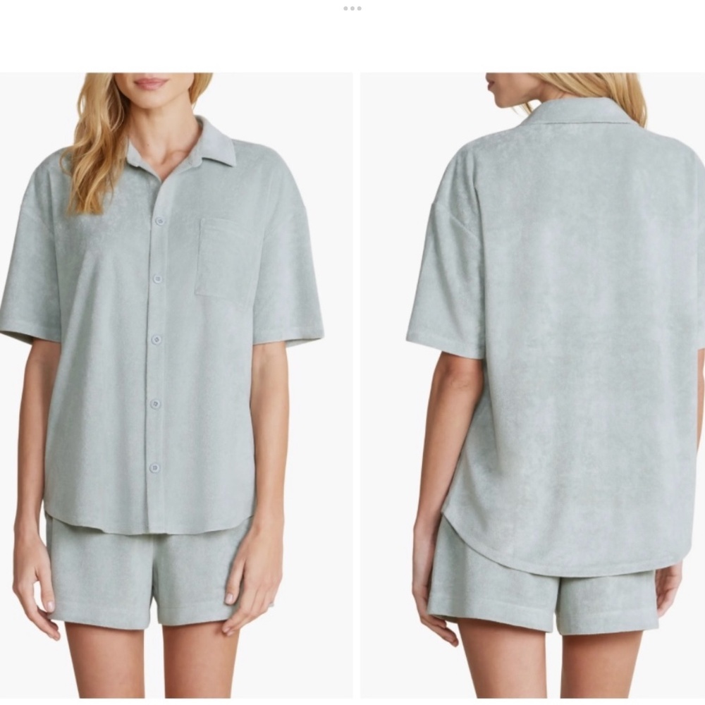 Barefoot Dreams Cozy Terry Set Short Sleeve Shirt with Shorts Beach Glass SZ L